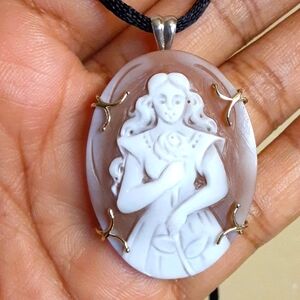 From Beauty and the Beast,  Belle, Pin/Pendant. Hand Carved Cameo. ITALY.